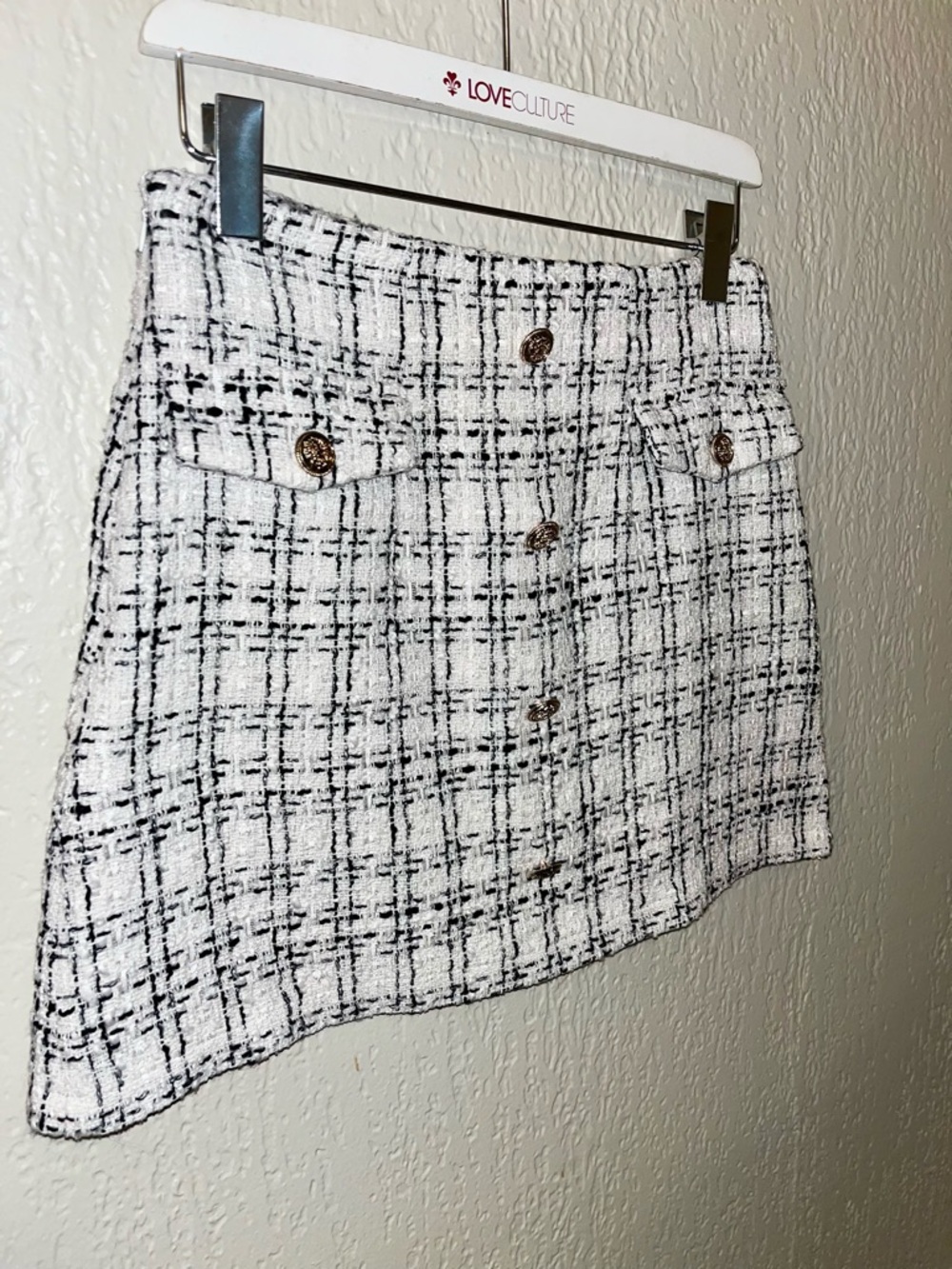 White & Black Tweed Button-Front Mini Skirt SZ- S
